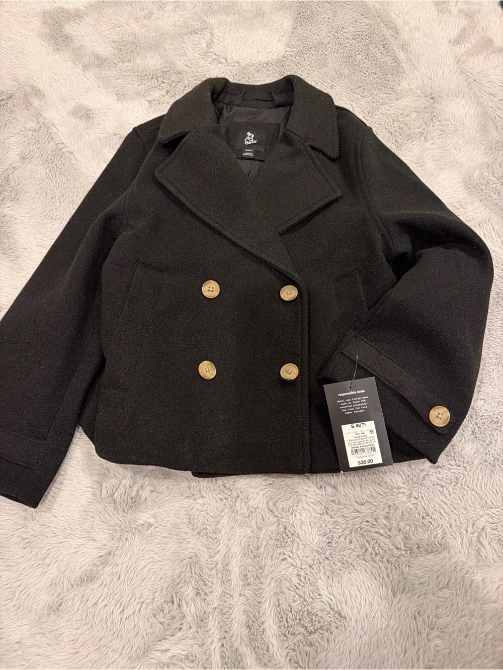 Kids 6/7 small Wool Blend Double-Breasted Peacoat Jacket - Black